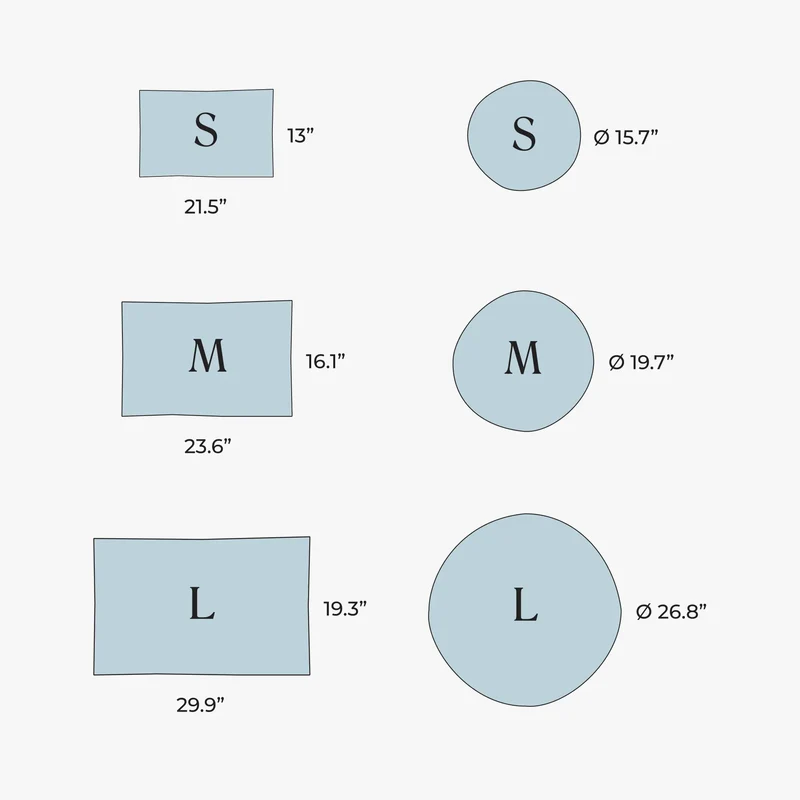 Chill Pad sizes: rectangular S 21.5 by 13, M 23.6 by 16.1, L 29.9 by 19.3 inches; round S 15.7, M 19.7, L 26.8 inches across