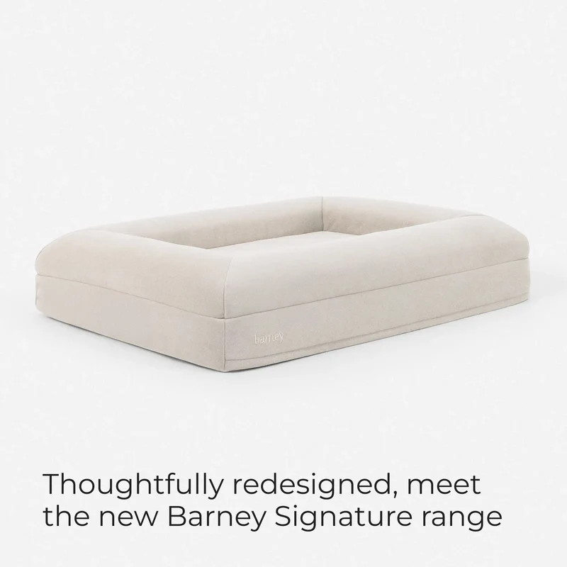 Barney Bed in Bone with the words Thoughtfully redesigned, meet the new Barney Signature range