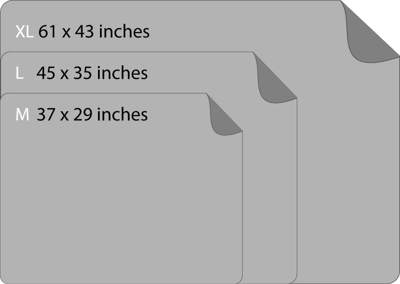 Blanket sizes: XL 61 by 43 inches, L 45 by 35 inches and M 37 by 29 inches, drawn as three overlapping gray sheets.