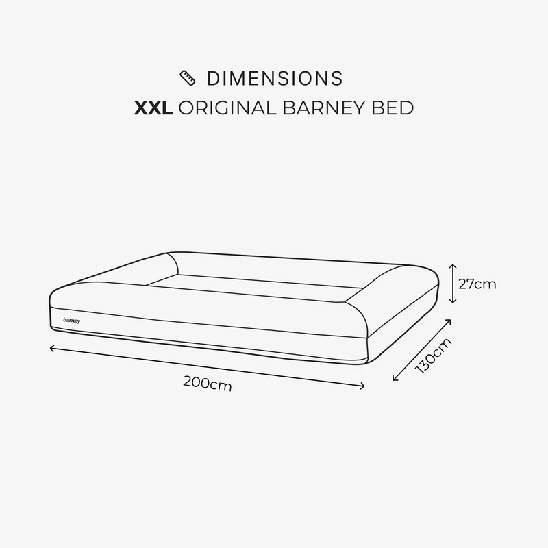 Dimensions, XXL Barney Bed: 200 cm long, 130 cm wide, 27 cm high, marked on a line drawing of the bed.