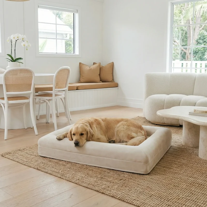 Golden Retriever lying on a Large Barney Bed in Bone on a jute rug in a bright living room