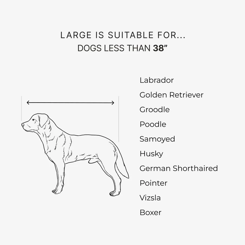 Large size guide: suits dogs less than 38 inches long, such as Labrador, Golden Retriever, Poodle, Samoyed and Husky
