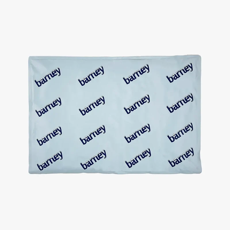 Rectangular Barney Chill Pad in pale blue, printed all over with the barney logo