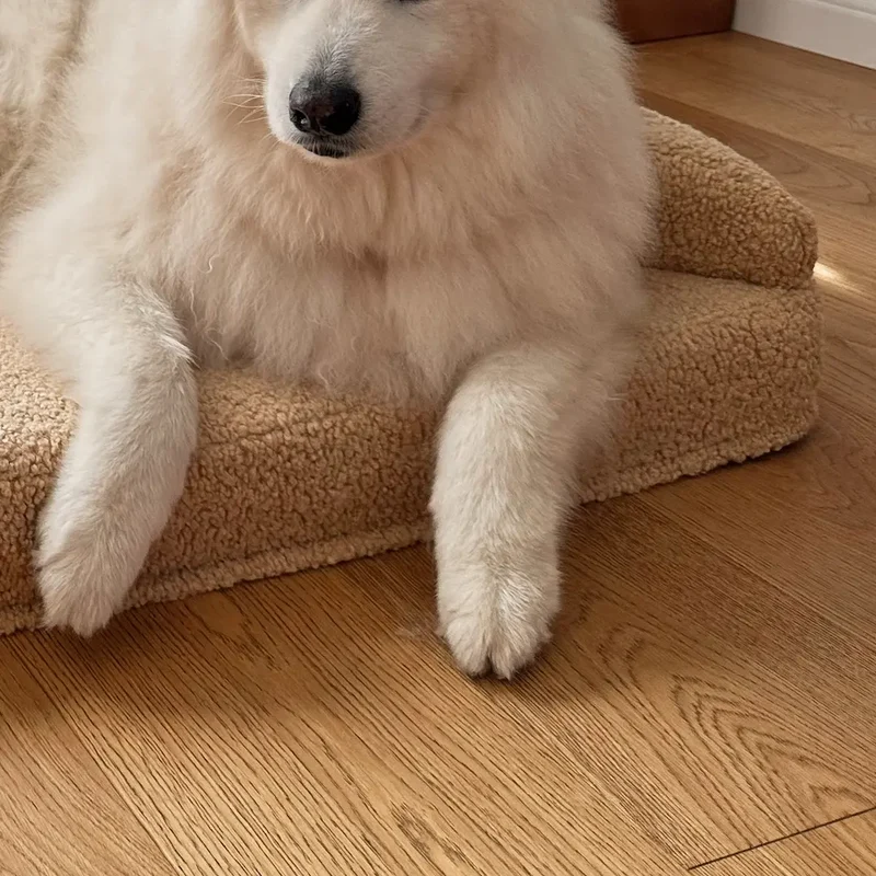 Arthur-Itis Cover in Rice Pudding: close-up of a white Samoyed’s front legs over the low open front of the teddy-fleece bed.