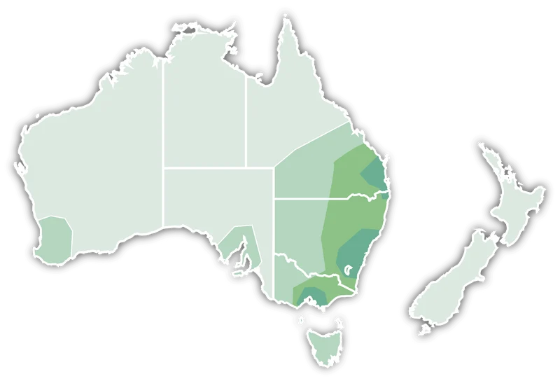 Map highlighting Barney Bed delivery areas in Australia and New Zealand