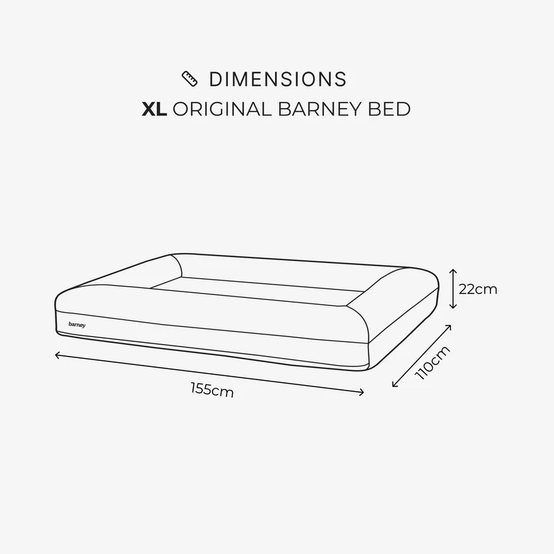 Dimensions, XL Barney Bed: 155 cm long, 110 cm wide, 22 cm high, marked on a line drawing of the bed.