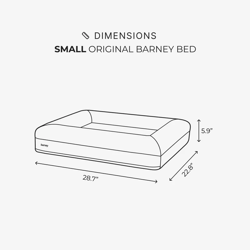Dimensions, Small Barney Bed: 28.7 inches long, 22.8 inches wide, 5.9 inches high, marked on a line drawing of the bed.