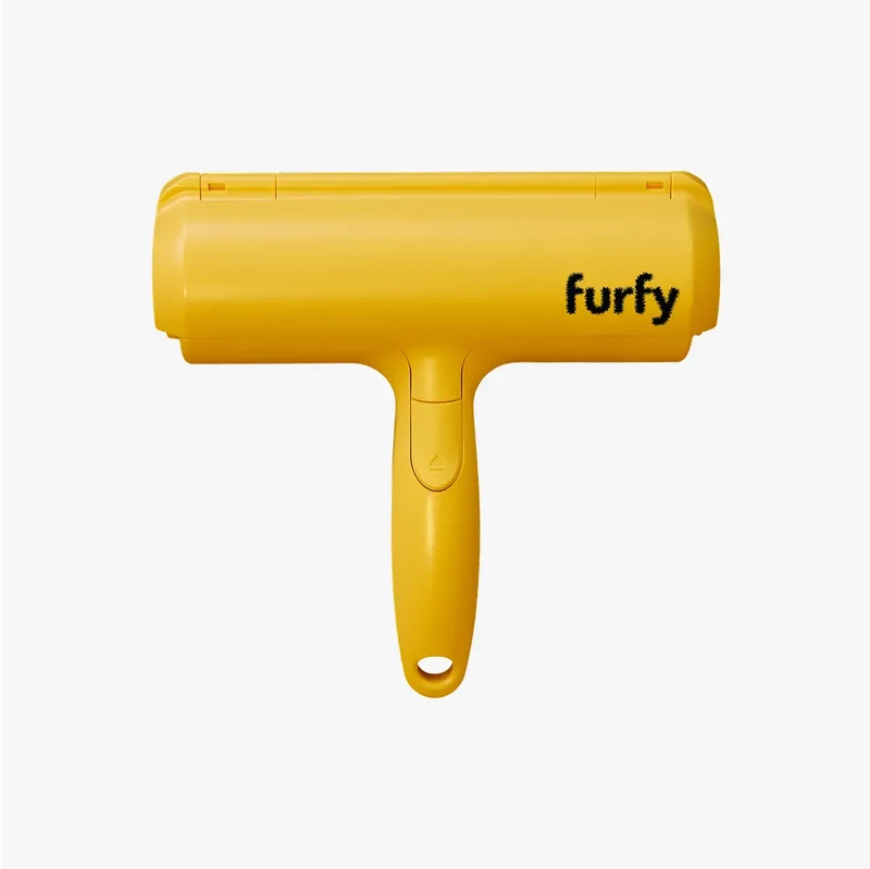 Furfy: a yellow pet-hair roller with a T-shaped handle and "furfy" printed on the side.