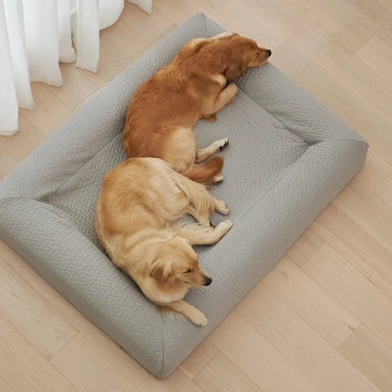 Cooling Cover in Silver on an XL Barney Bed: two Golden Retrievers asleep side by side on the gray quilted bed, from above.